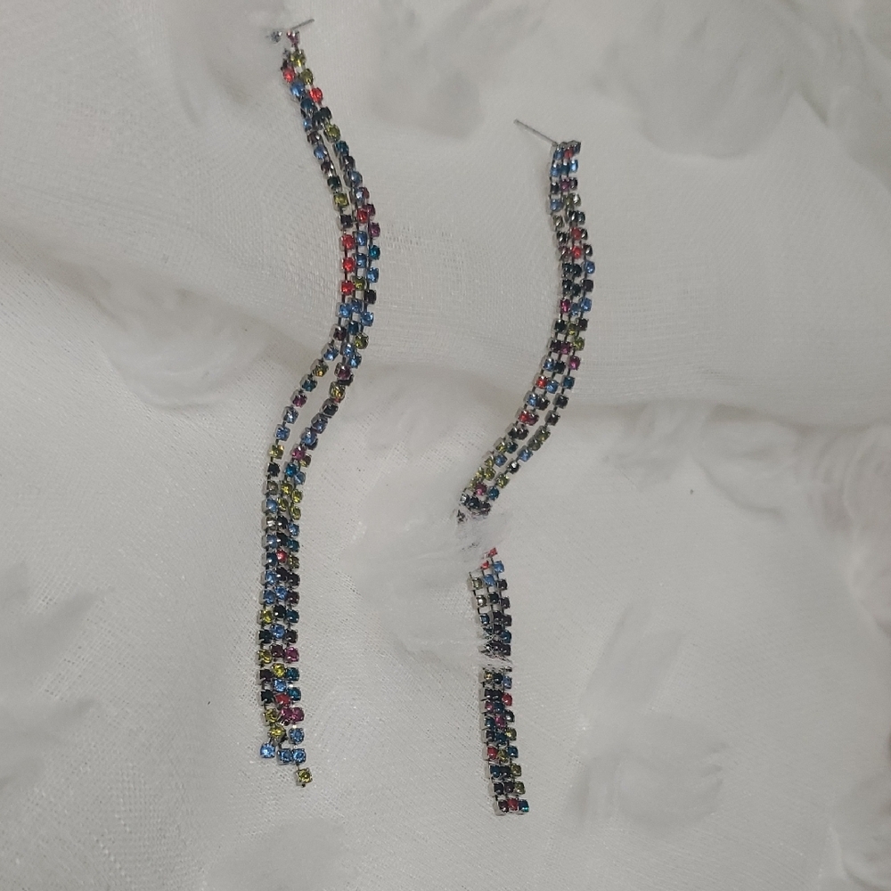 Multicolored Rhinestone Dangle Earrings - Picture 3 of 6